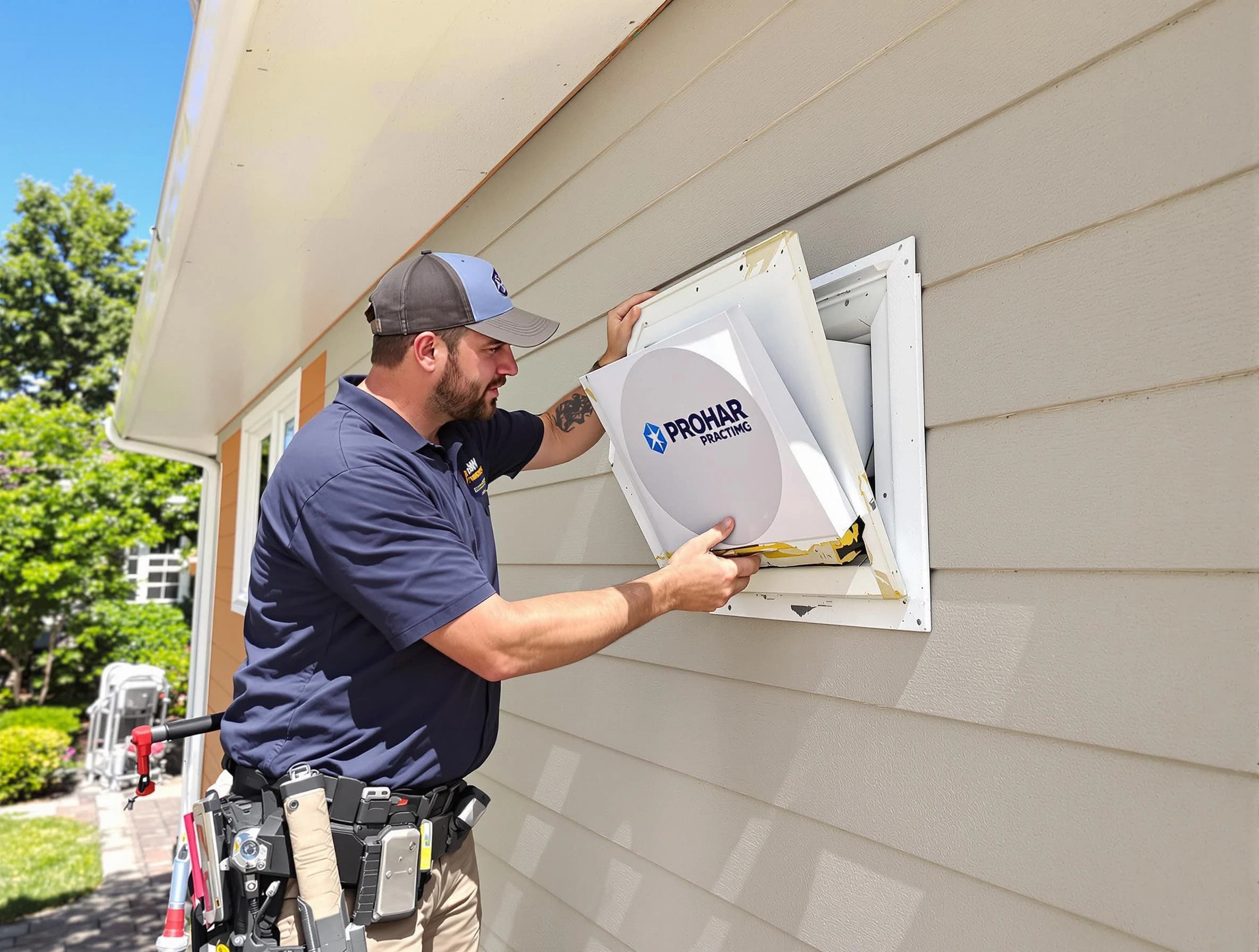 Meadowbrook Dryer Vent Cleaning technician installing a new protective dryer vent cover on a home in Meadowbrook