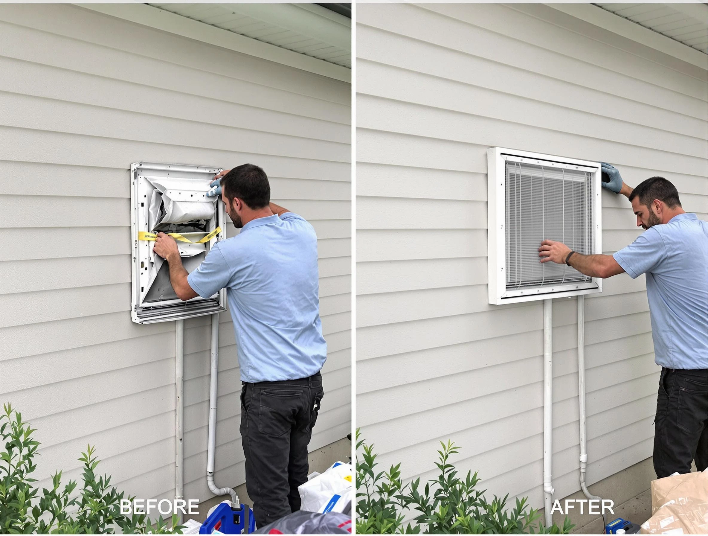 Meadowbrook Dryer Vent Cleaning technician installing high-quality dryer vent cover at a residential property in Meadowbrook
